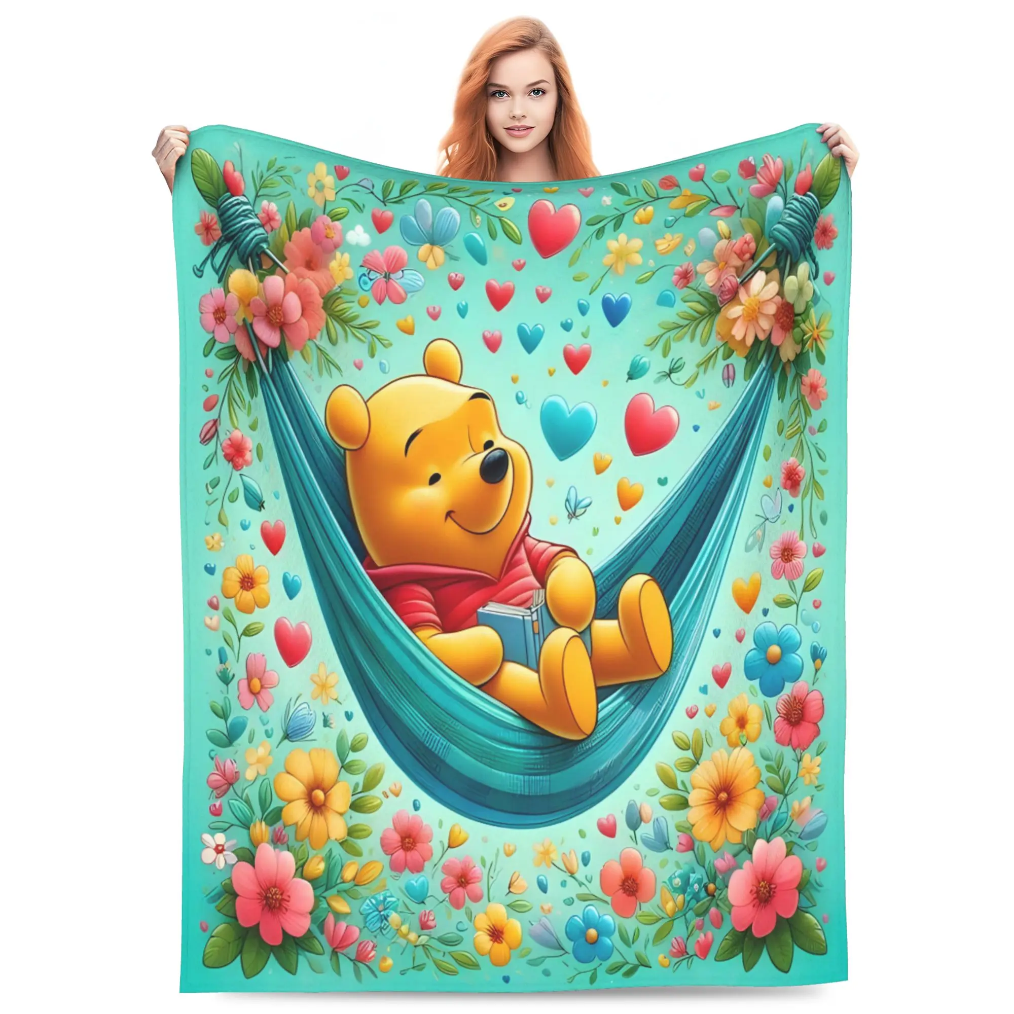 DISNEY CLASSIC Winnie the Pooh Printed Flannel Throw Blanket - Pooh on Hammock, Colorful Floral Hearts Border, Soft Lightweight Multi-Size for Indoor Use Sofa Bed Home Decor, Winnie Pooh