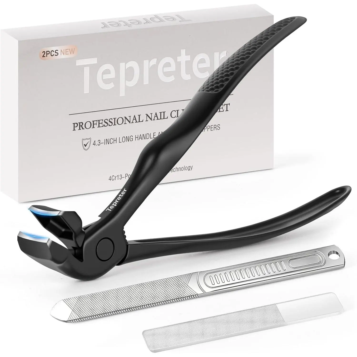 3Pcs Ergonomic Long Handle Toenail Clippers for Seniors for Thick Nail |   4.75in Angled Head Wide Jaw Opening Nail Clippers with Meta and Glass Nail File for Men Women, Fingernail Cutter with Catcher