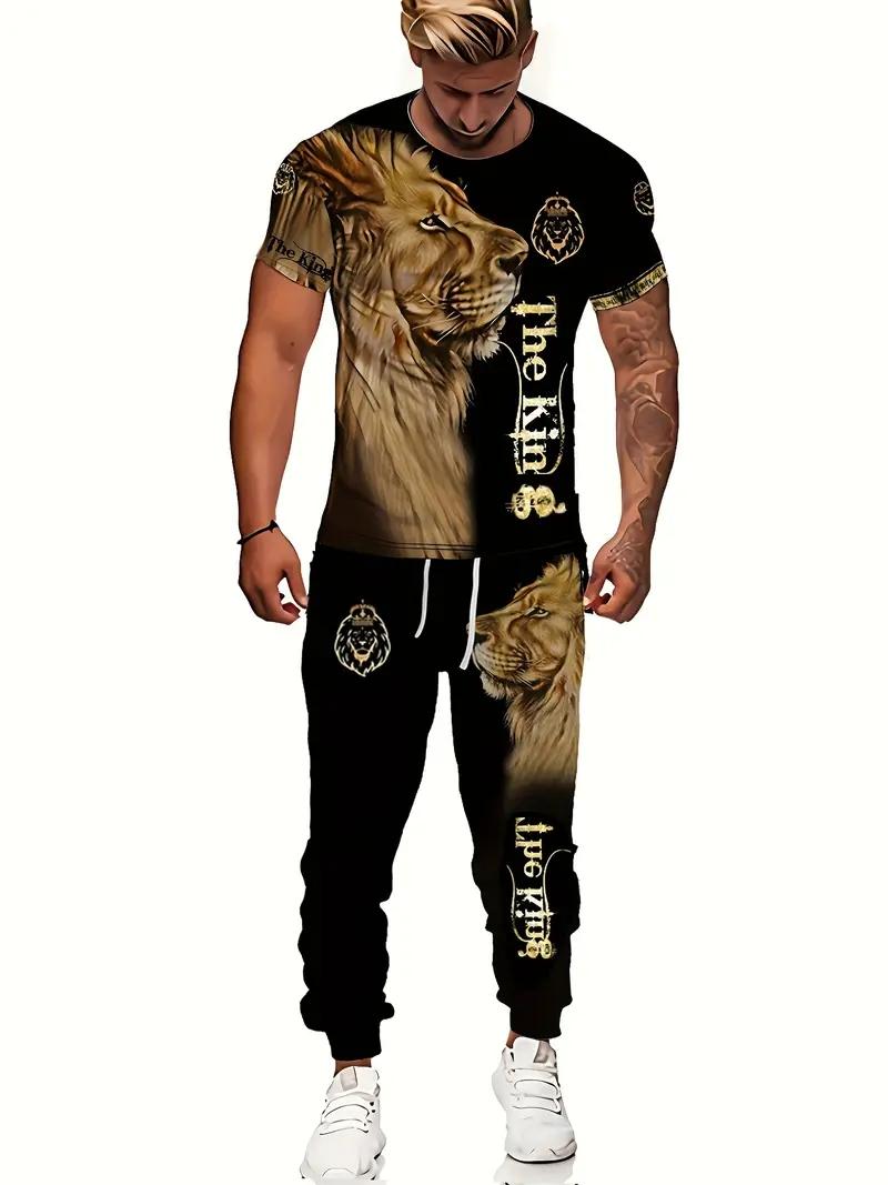 Men's 2-Piece Lion Printed Sportswear Set - Short-Sleeved T-Shirt, Pants, Summer Comfortable Menswear Clothing Set