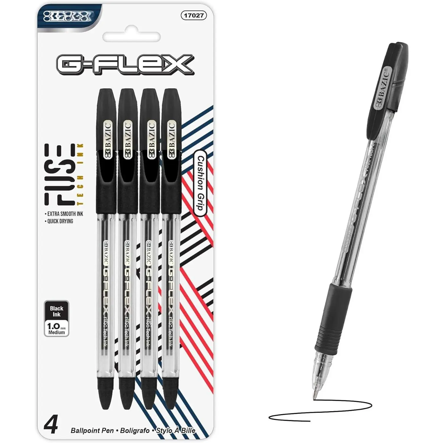 G-Flex Black Oil-Gel Ink Pen w/ Cushion Grip (4/Pack) | G-Flex black FUSE Tech ballpoint pens, cushion grip, 1.0 mm medium, pocket clip, Smooth hybrid ink