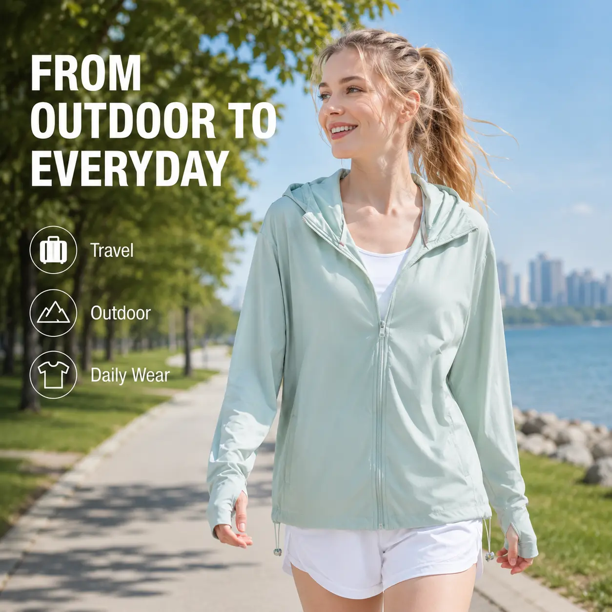 Women's Lightweight Sun Protection Jacket, Breathable Hooded Full-Zip Summer Outdoor Windbreaker, Relaxed Fit UV Protective Activewear with Side Pockets for Hiking, Travel, Beach, Cycling, Running, Daily Wear and Warm Weather Layering Casual Outdoor Wear.
