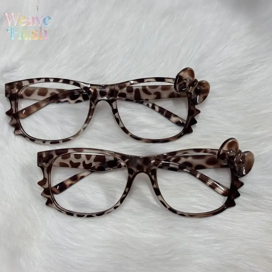 2-Pack Kawaii Y2K Glasses for women, featuring cute kitty and leopard print with classic cartoon nerd frames. Trendy decorative eyewear matches Y2K aesthetic outfits. Great for daily street style and back to school, also a lovely gift for Mother’s Day and