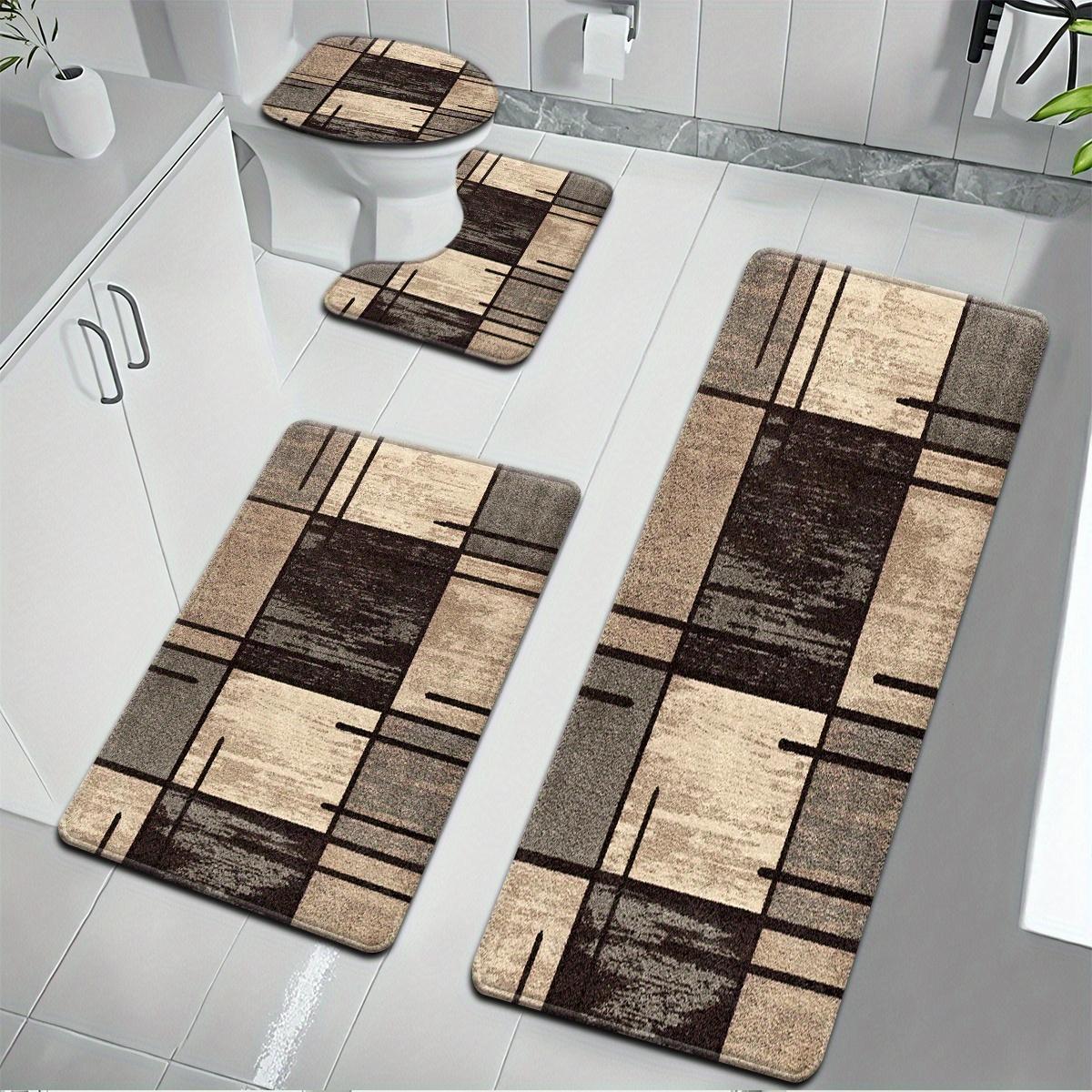 Bathroom Rug Set, Flannel Absorbent Non-Slip Bath Mats, Retro Geometric Grid Design, Washable Floor Mats for Tub, Shower, Toilet, U-Shaped Contour Mat & Lid Cover for Bathroom Decor