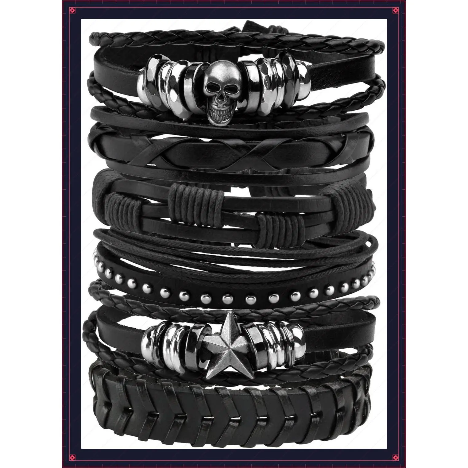6Pcs Punk Leather Bracelets for Women Men Braided PU Wristband Skull Skeleton AccessoriesGift