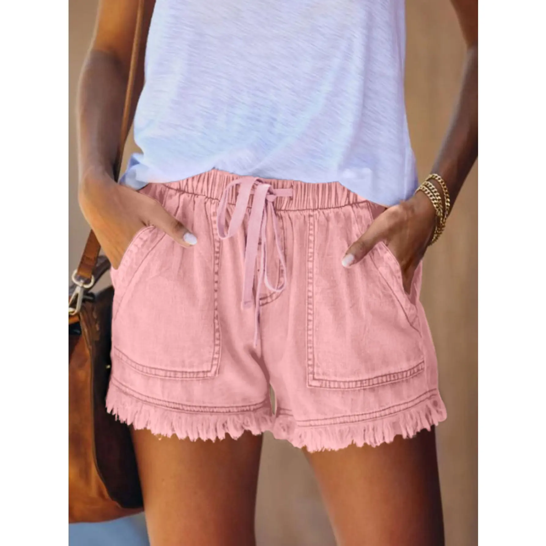 Women’s Pink Drawstring Denim Shorts, Elastic Waist Pull-On Summer Shorts with Patch Pockets and Frayed Hem, Relaxed Casual Bottoms for Travel, Beach and Everyday Wear
