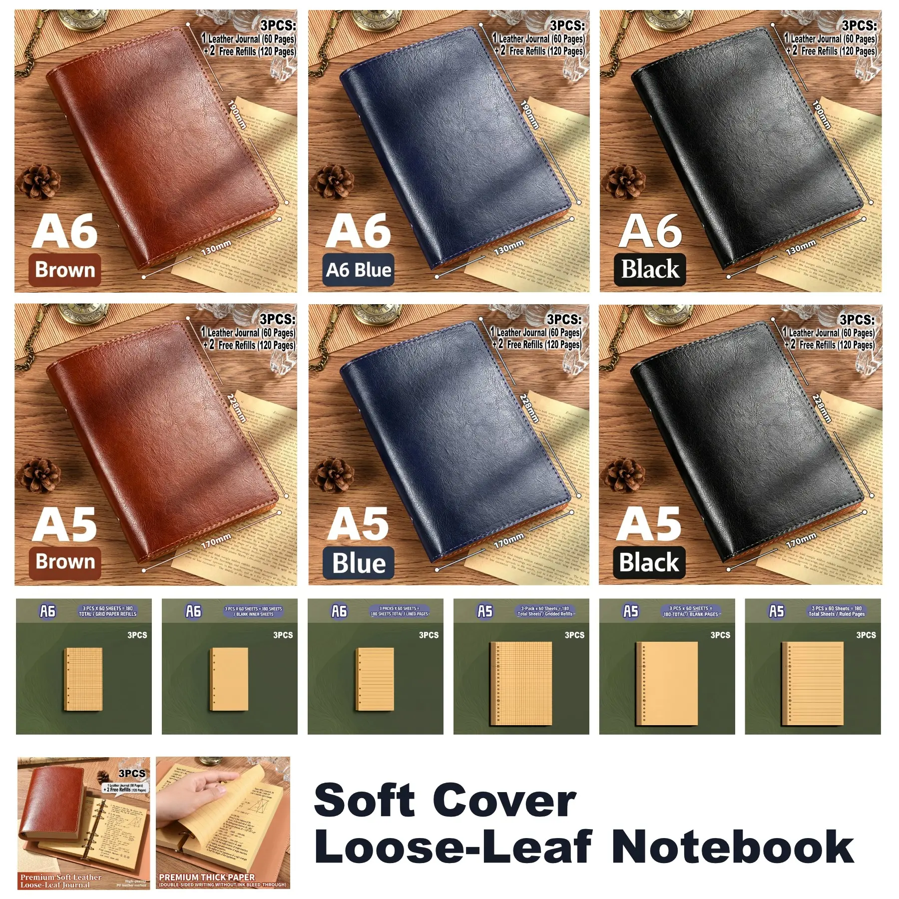 3-PCS Vintage Leather Notebook Set (A5/A6) + 2 FREE Refills | 180 Pages Thick Kraft Paper | Perfect for Office, Design & Journaling Journal Kit Set