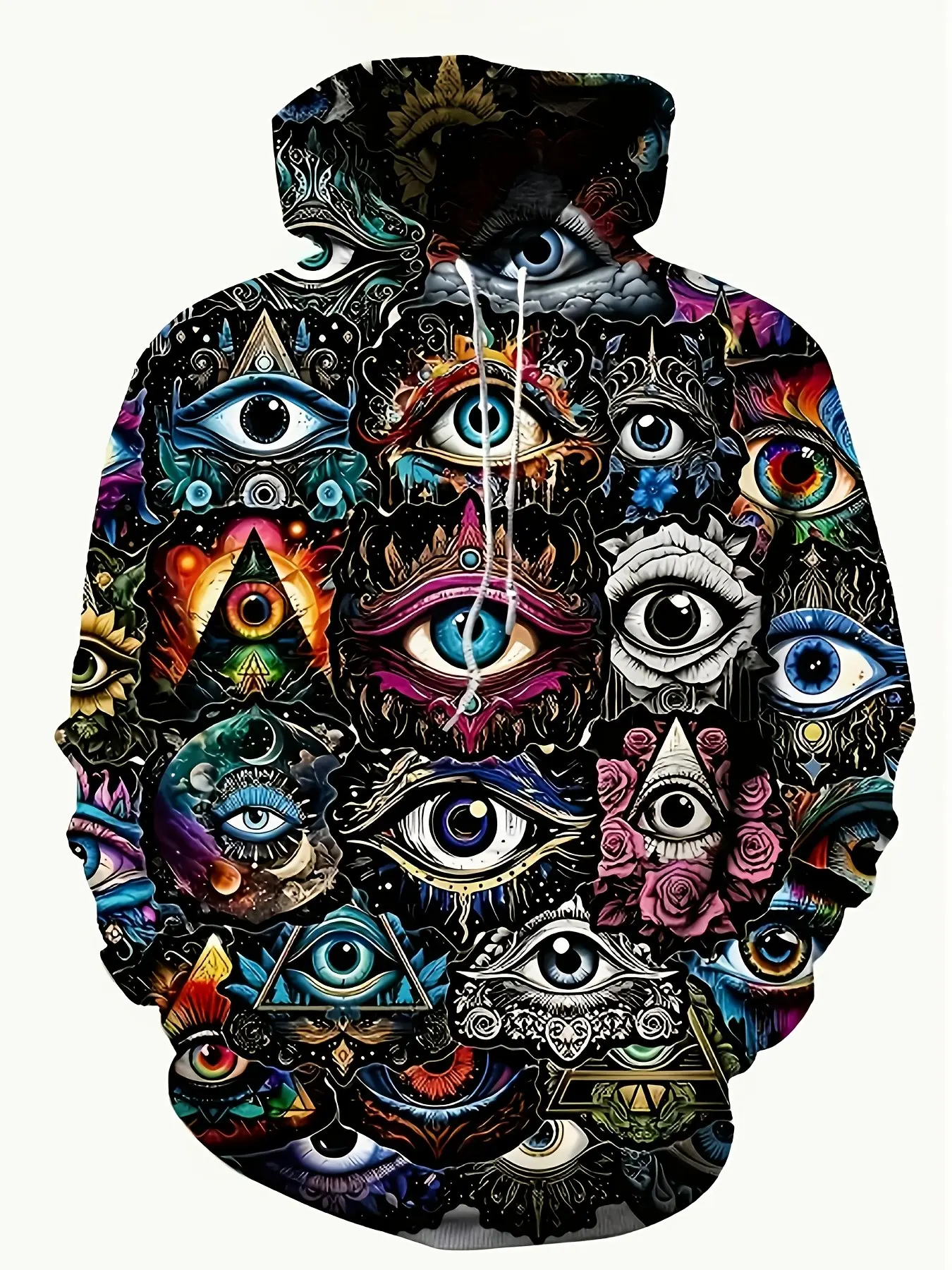 American Hip Hop Graffiti Full Print Men's Hoodie, Vintage Mysterious Multi-Eye Pattern, Casual Loose-Fit Fall & Winter Top
