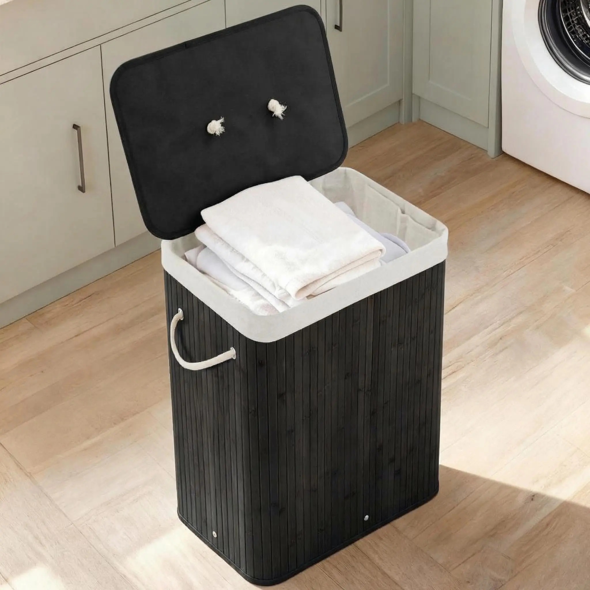 High-Capacity Wood Farmhouse Laundry Hamper with Lid - 106L Sturdy Eco-Friendly Collapsible Portable Slim Corner Shape Bin, Easy Install, Removable Machine-Washable Liner for Bedroom Laundry Use