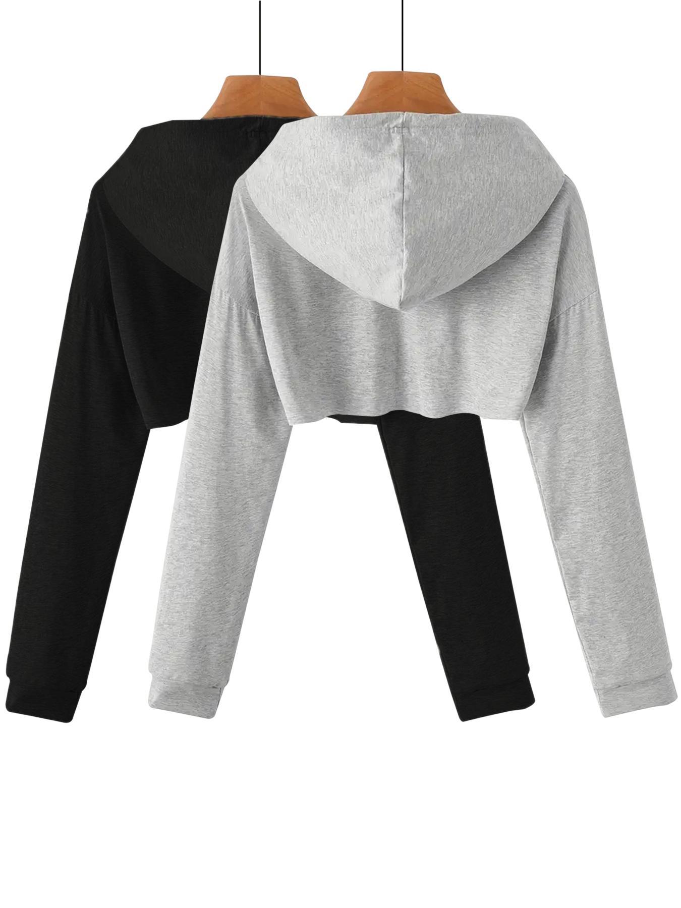 Women's Solid Drawstring Drop Shoulder Crop Hoodie, Casual Long Sleeve Hooded Sweatshirt for Daily Wear, Ladies Clothes for All Seasons, Drawstring Waist Hoodie