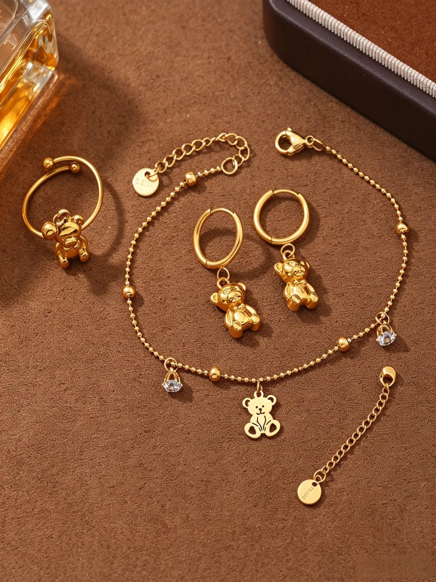Hypoallergenic 304 Stainless Steel Bear Jewelry Set 18K Golden Plated Cute Bear Bracelet Ring Earrings Minimalist Daily Wear Accessories Perfect Christmas Gift For Best Friend Women Girls Trendy All Year Multi-use Elegant Jewelry