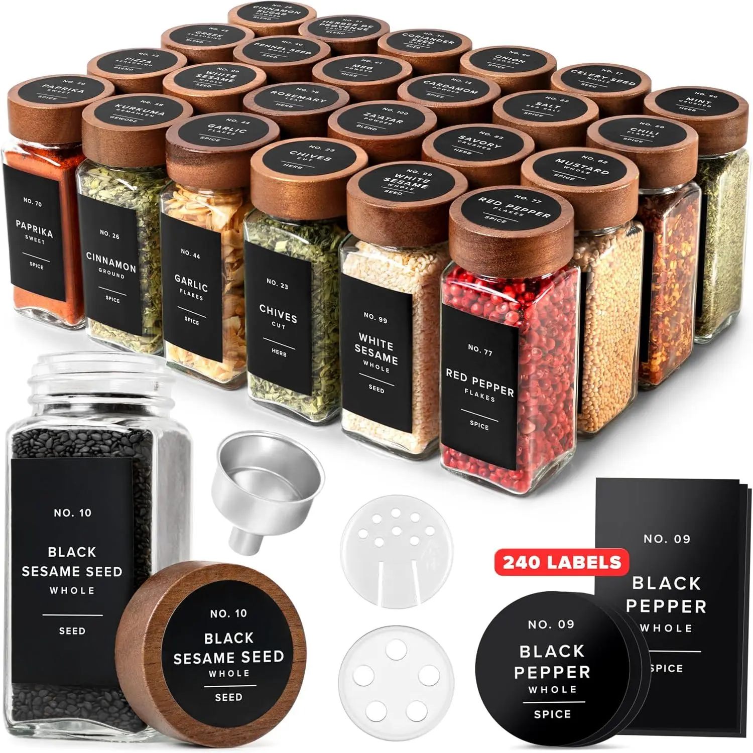 (R) Square  Jars with Acacia Wooden Lid (Pack of 24)  Jars with Shaker Insert and 240 Labels - Acacia  Glass Container for  Organisation [4.3 in x 1.8 in]