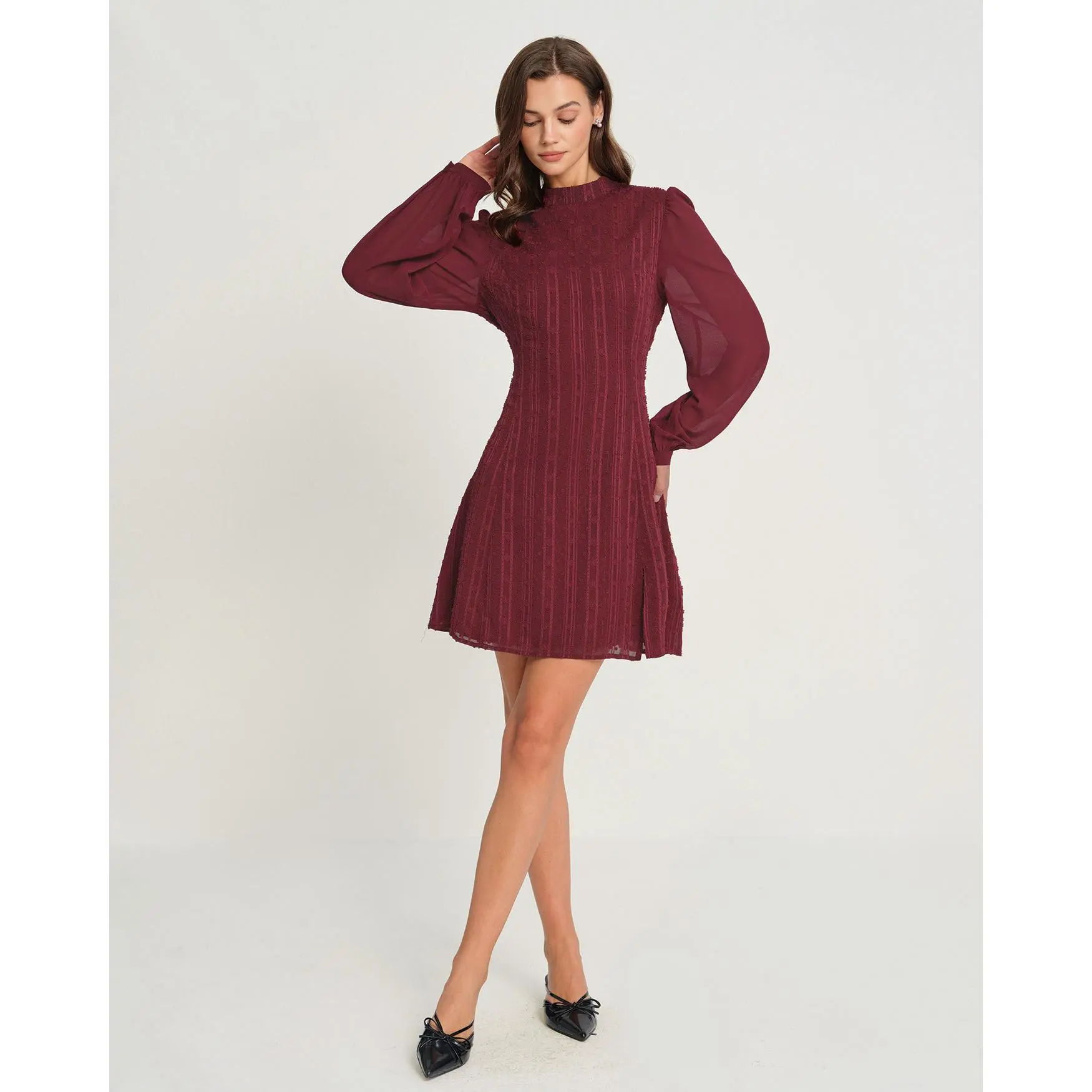 Wine Red Chiffon Mock Neck Mini Dress