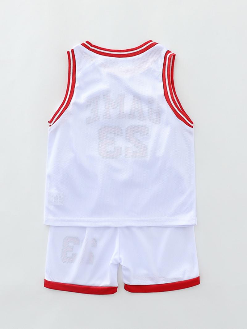 Two-Piece Set Boy's Basketball Jersey Set, Contrast Binding Sleeveless Basketball Vest & Shorts, Summer Clothes for Kids Outdoor Sports
