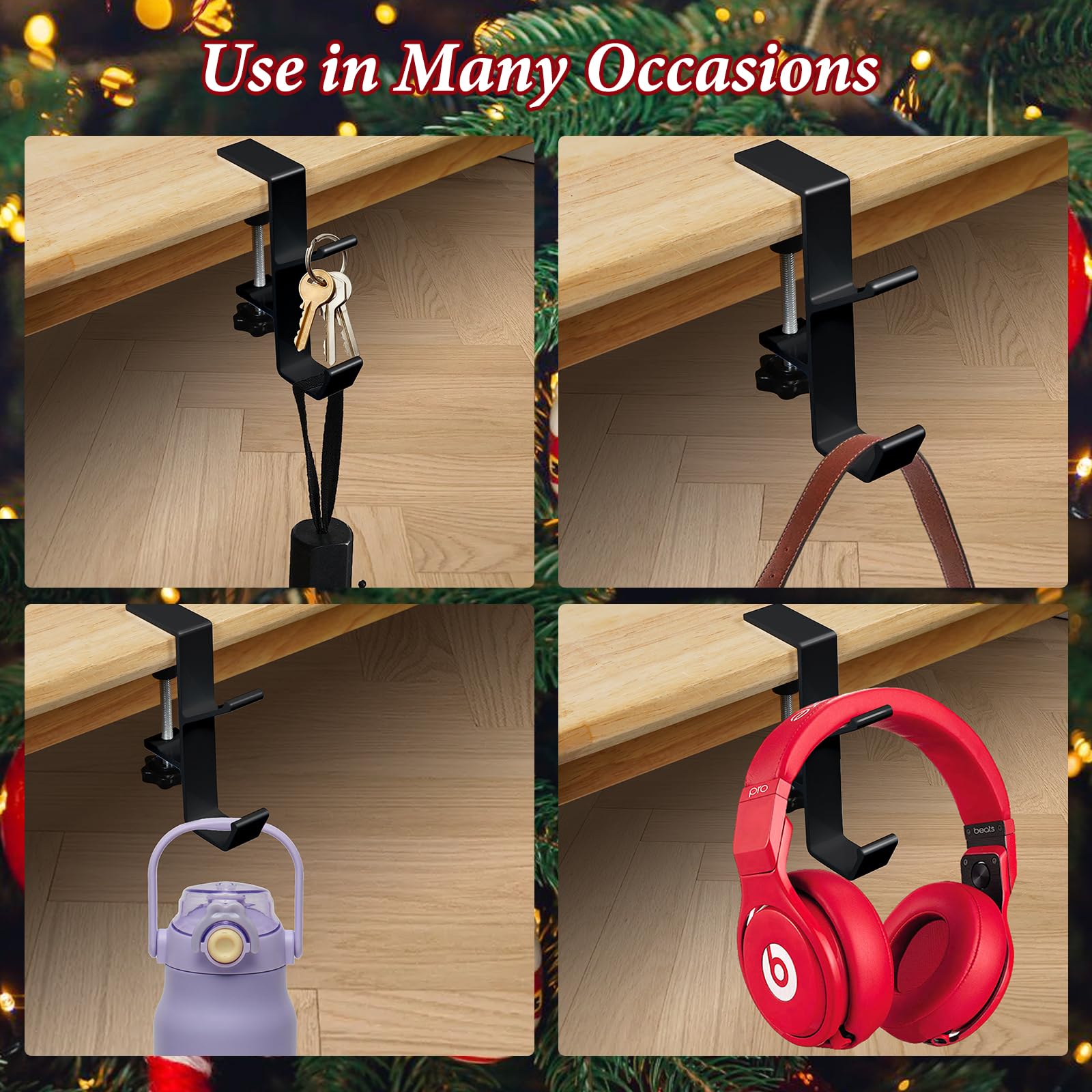 Adjustable Desk Edge Hooks Set of 4, Storage Solution, Portable Headphone Holder, Christmas Decorations Hanger, Backpack Hook, Space Saving Organizer