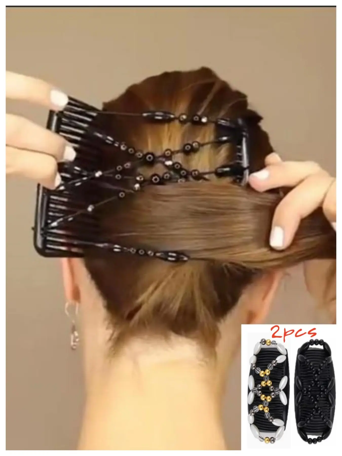 Elegant Women's Double Row Hair Comb Set, Handmade Beaded Elastic Magic Hair Brush, Fashionable Bun Comb, Party Hair Clips, Decorative Hair Accessories