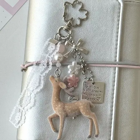 Vintage Flocked Sika Deer Keychain, Lace & Bow Decor with Flower Faux Pearl Beads, Cottagecore Bag Charm, Girly Gift for Her, Keychain Accessories, Cute Keychains