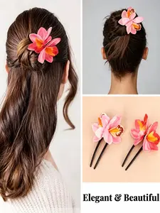 3pcs Traditional Style Artificial Orchid Hair Clips, Multi-Color Versatile U-Type Dual Teeth Hairpins, Elegant Qipao Hanfu Accessories