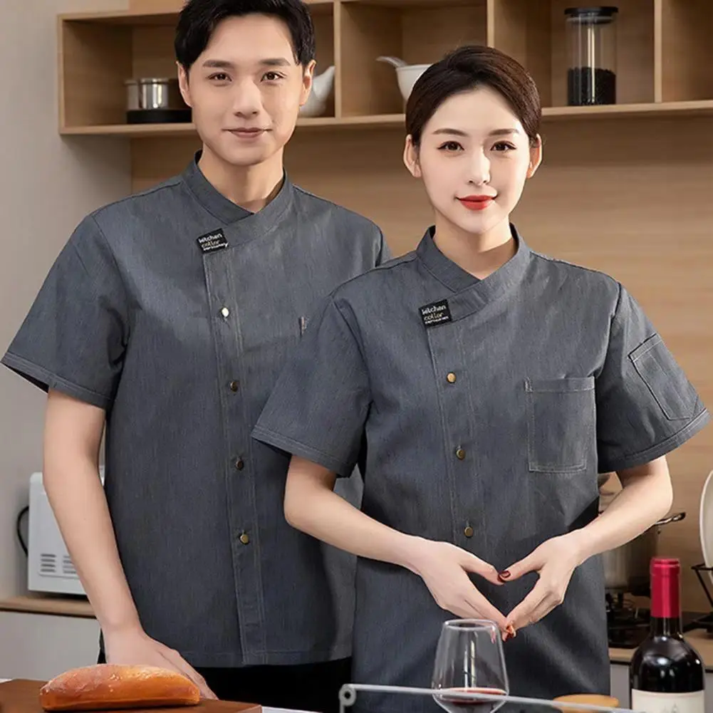 Men's Formal Soft Cotton Short-Sleeve Chef Jacket with Pocket, Unisex Grey Kitchen Uniform for Restaurant, Bakery Staff