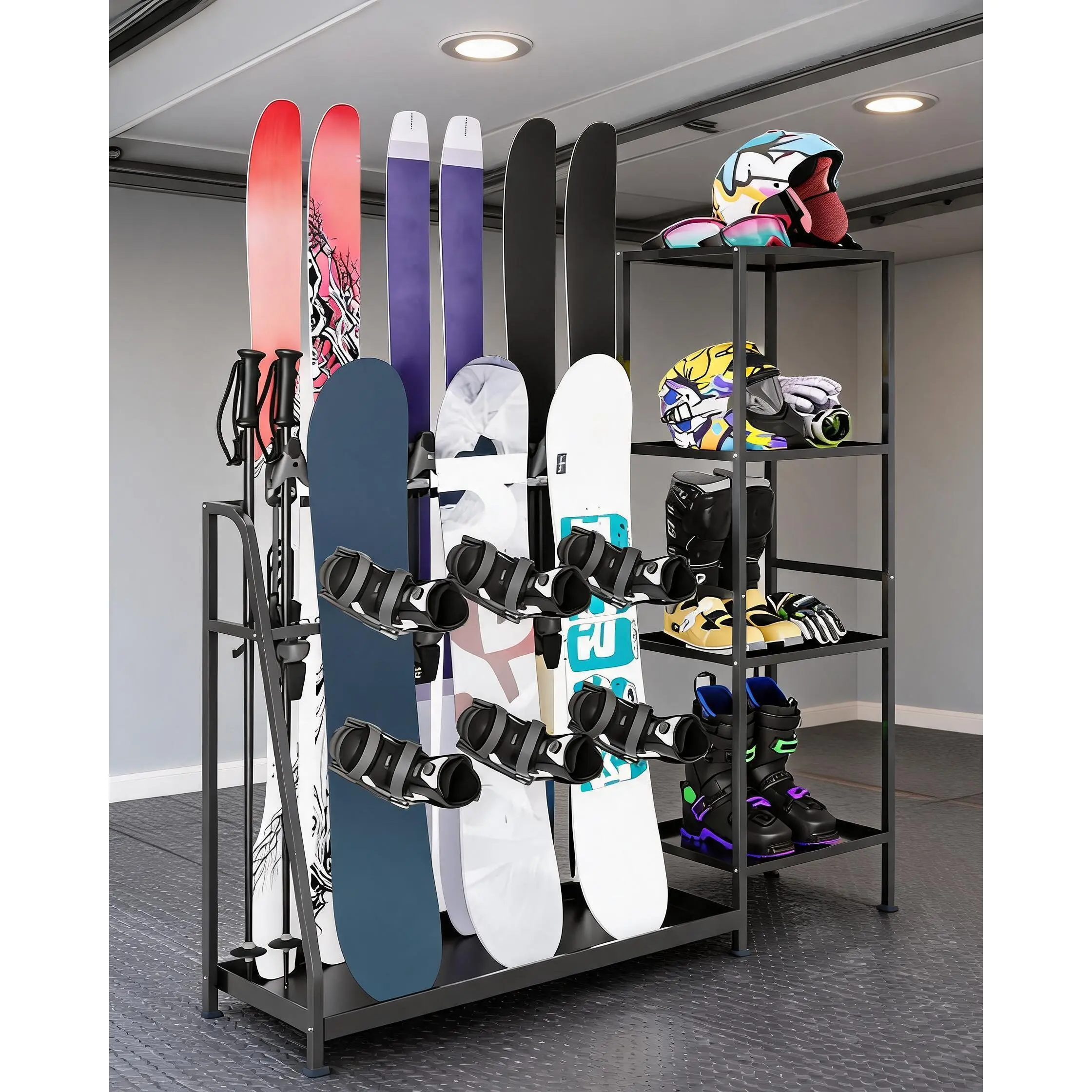 Heavy Duty Freestanding Ski and Snowboard Storage Rack Only, Steel Garage Floor Organizer Holds Skis, Poles, Helmets and Boots, No Drilling Required, Indoor Ski Equipment Holder, 48 Inch x 12 Inch x 46 Inch, Black