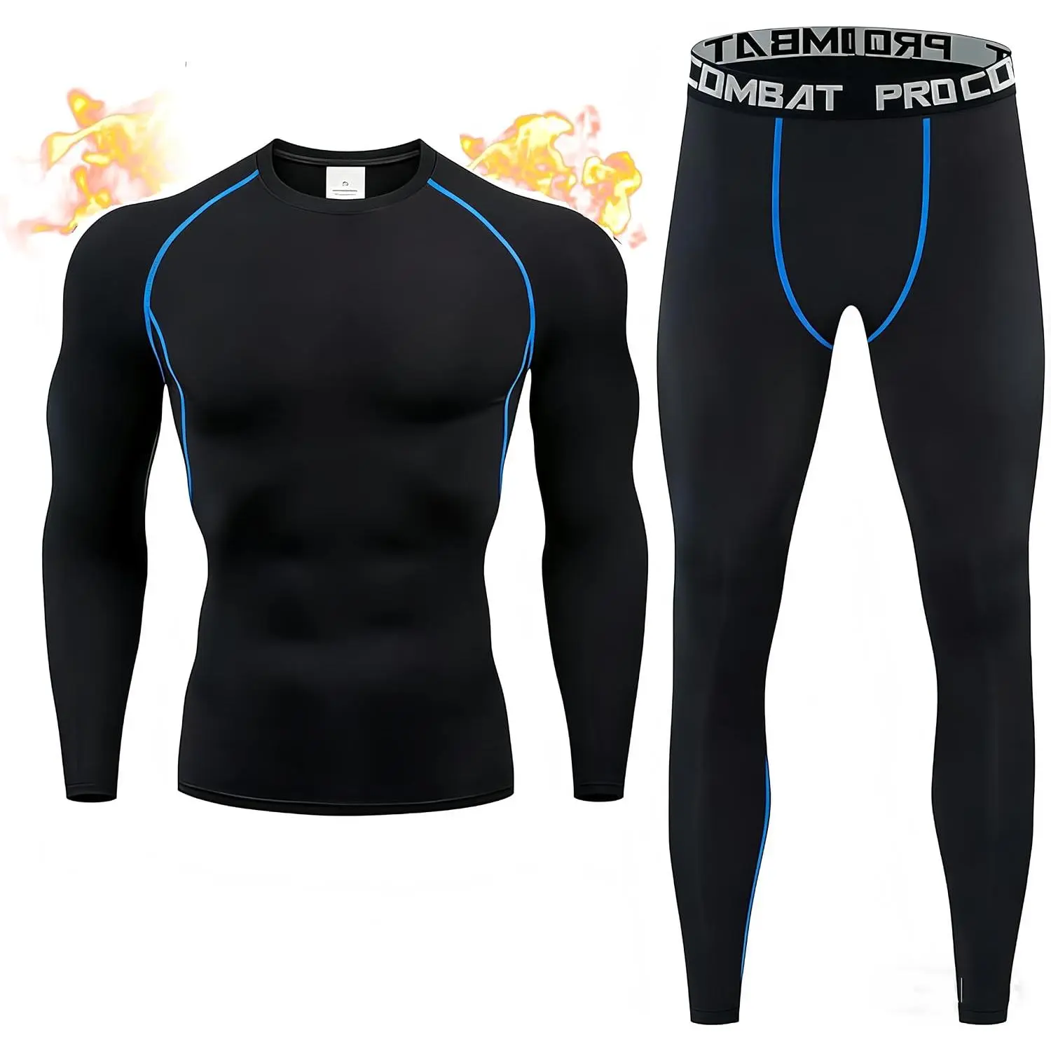 Combat Pro Men 2 Pieces Thermal Compression Suit, Long Sleeve Top + Pants, Quick Dry Warm Base Layer for Gym, Running, Skiing & Outdoor Sports