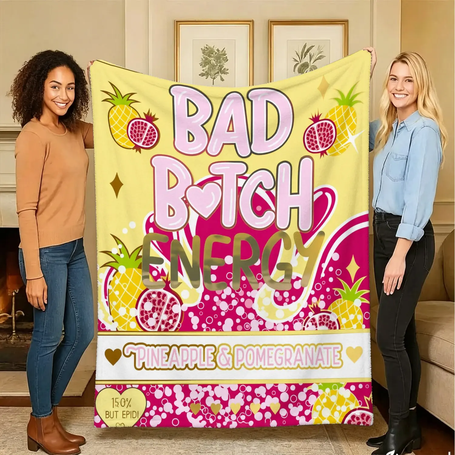Bad Bitch Energy Patterned Blanket, Pineapple and Pomegranate Print Blanket, Lightweight Cozy Blanket, Soft and Fluffy Flannel Blanket, Soft and Lightweight Decorative Blanket, Perfect for Home Decoration, Camping, Travel, Warm Comfortable Blanket