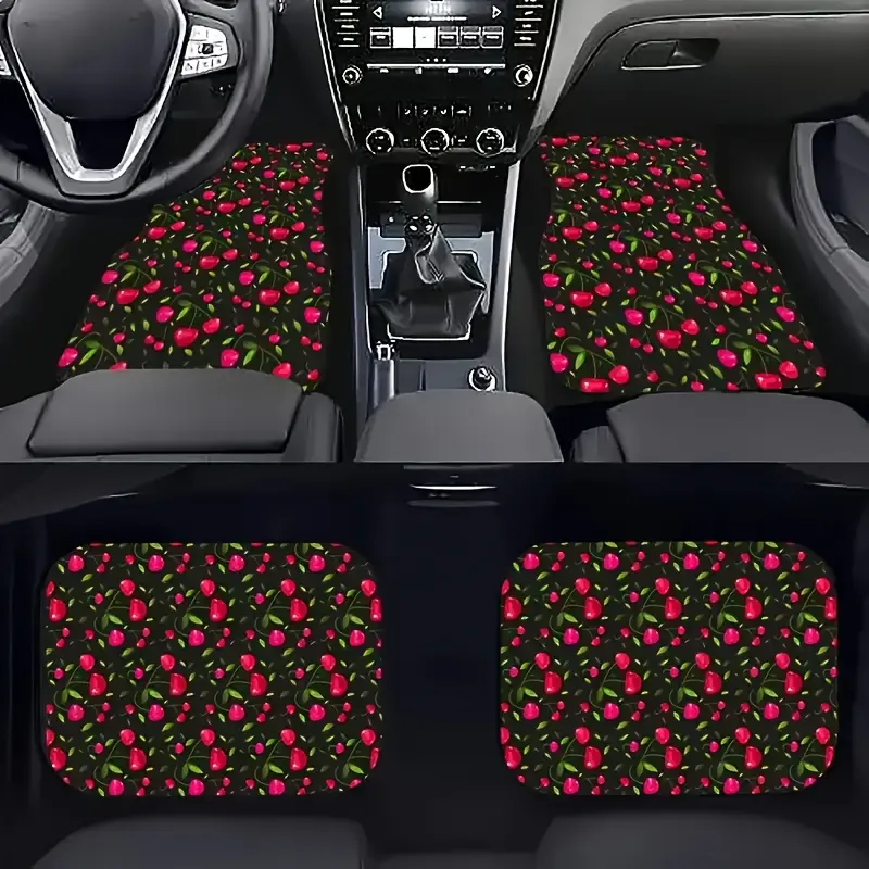 4‑Piece Universal Car Floor Mats, Cute Red Cherry Fruit Print Auto Floor Carpets, Waterproof Anti‑Slip All‑Weather Car Foot Pads for Most Sedan SUV Truck, Sweet Car Interior Decor Accessories for Women