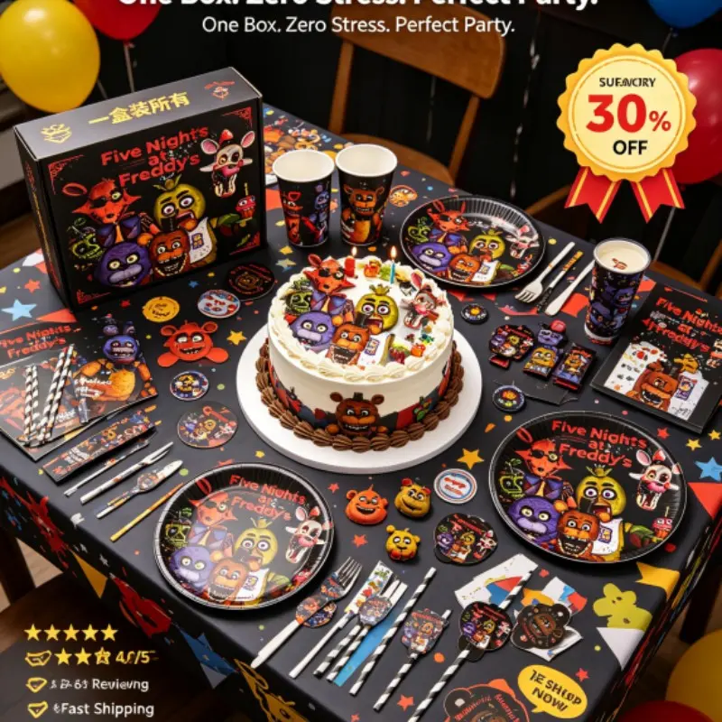 FNAF Birthday Party Supplies Set – Party Tableware Supplies 30pcs Five Nights at Freddy‘s Paper Cups Plates Straws Decorations for Kids Game Themed Birthday Party