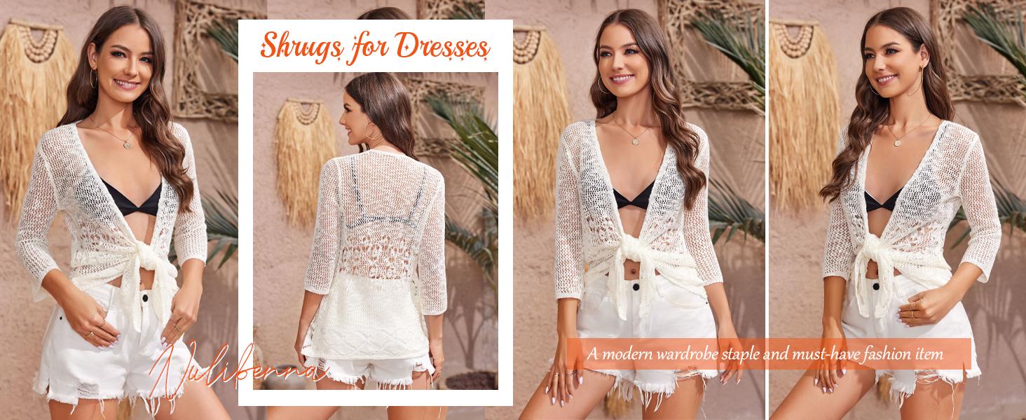 Saodimallsu Womens Sheer Shrug Sweaters 3/4 Sleeve Open Front Tie Cardigan Bolero Jacket Lightweight Crochet Knit Cover Up Tops