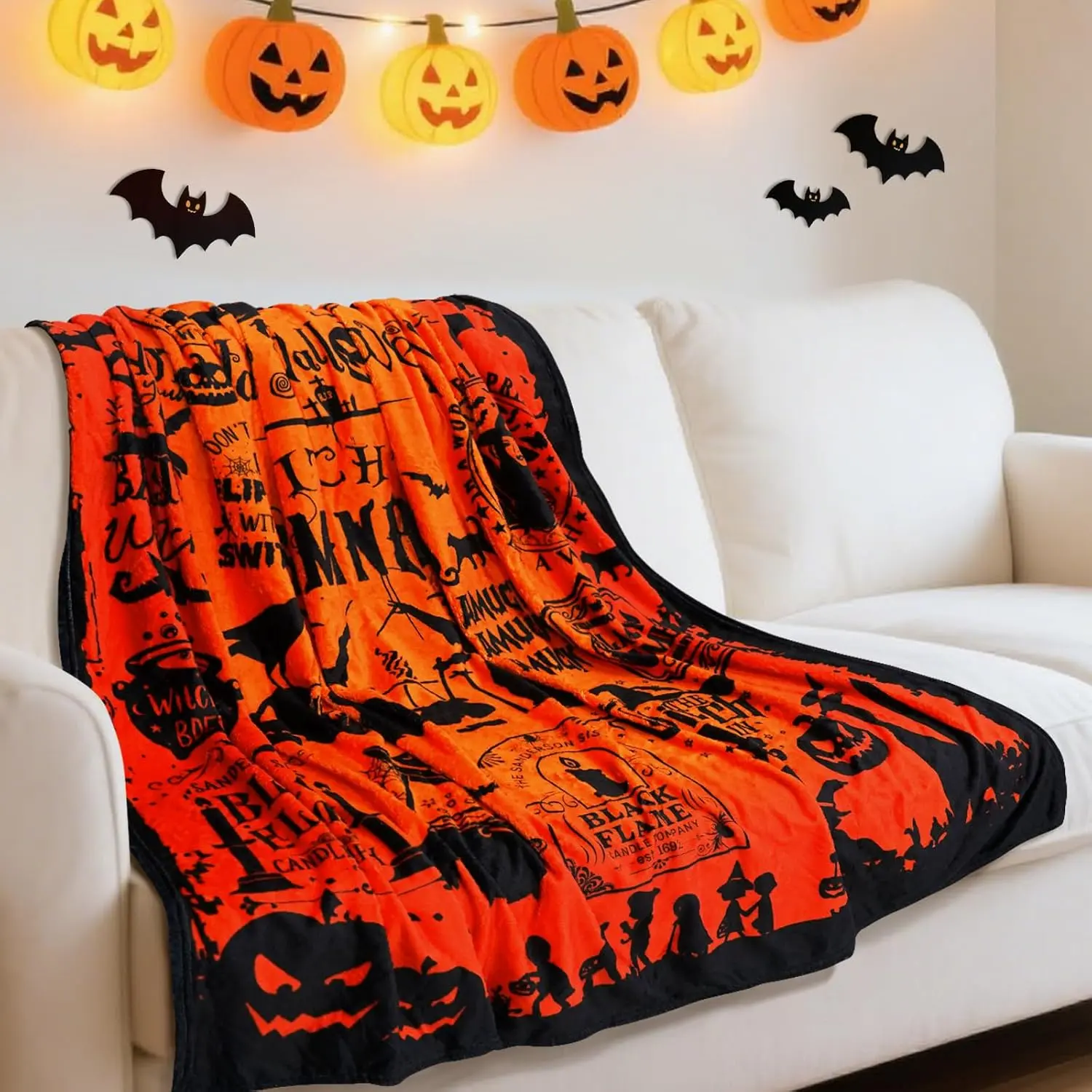 Witch Blanket Halloween Throw Blankets Gifts for Women Witchy Goth Skull Pumpkin Flannel Fleece Blankets for Couch Sofa Bed Chair Decor Witch's Spider Webs Decorations Blanket 50x60in - Orange