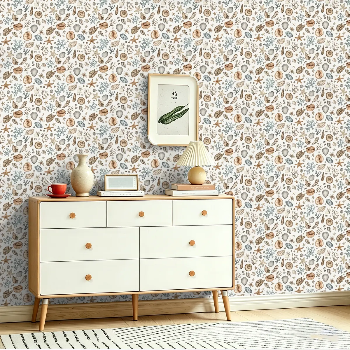 1 Roll Peel & Stick PVC Wall sticker,Diverse shell starfish pattern, Luxury self-adhesive wall decal, 3D HD fade-proof print covers wall cracks, film for dorm, bedroom and internet cafe backdrop