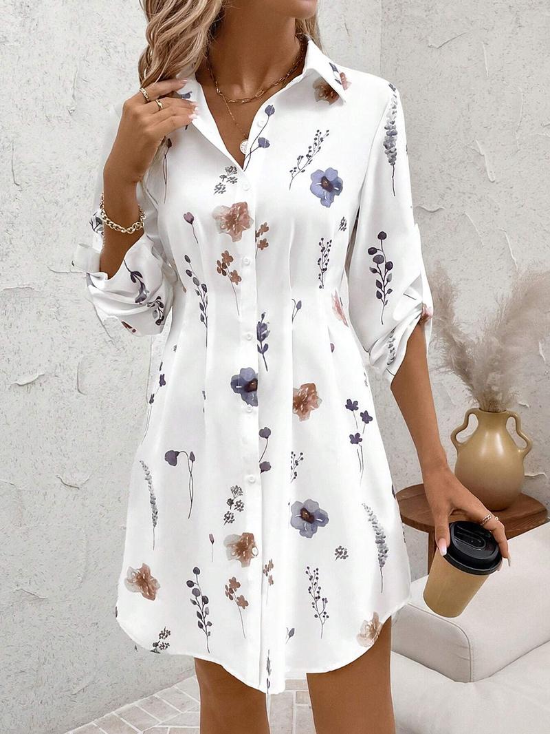 Women's Floral Print Button Front Shirt Dress, Casual Roll Up Sleeve Collared Short Dress for All Seasons, Women's Clothes for Daily Wear