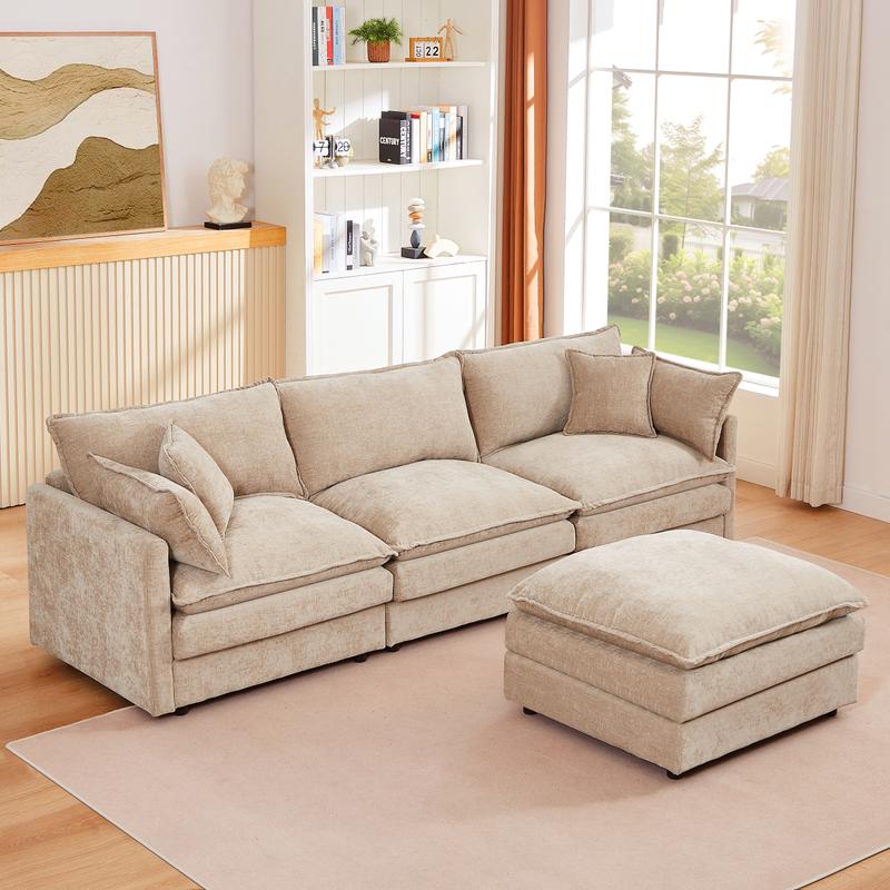 Sectional Sofa Modular Couch 102 Inch L Shaped Couch Set for Living Room, 3-Seater Comfy Cloud Couches with Movable Ottoman, DIY Combination, Chenille, Coffee