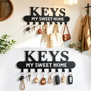 Matte Black 8-Hook Metal Key Holder Wall Mount with "MY SWEET HOME" Design, Hanger & Easy Installation, Farmhouse Entryway Hallway Home Decor Organizer