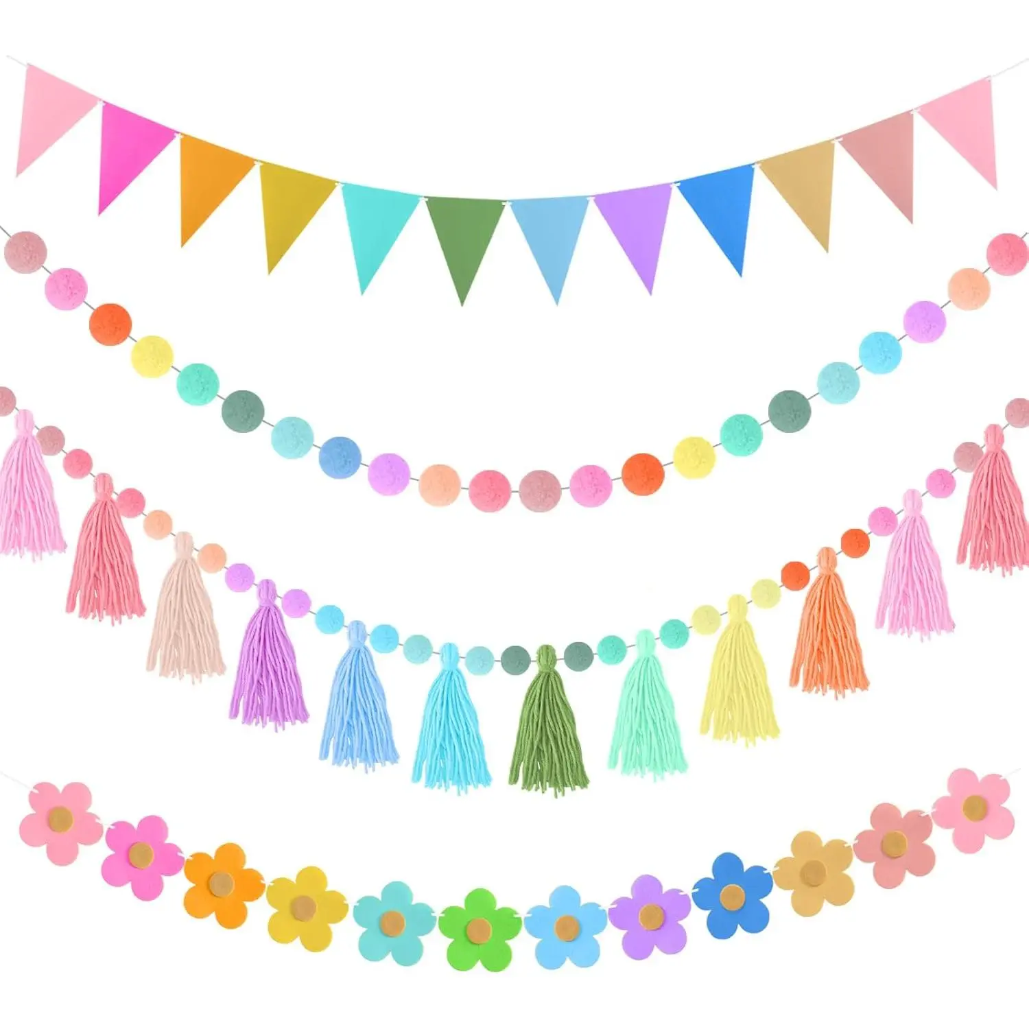 4 Pcs Rainbow Tassel Garland Colorful Pom Pom Garland 9.8 Feet Boho Felt Fabric Tassel Banner Set, Pastel Wall Door Hanging Decor for Classroom Birthday Party Kids Bedroom School