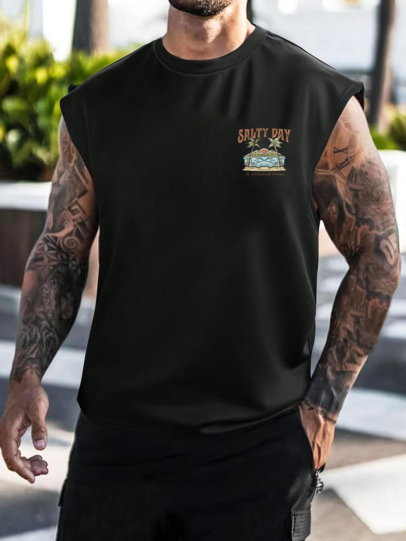 Men's Regular Fit Palm Tree & Mountain Print Tank Top, Casual Street Sleeveless Top for Daily Wear, Men's Clothes for All Seasons, Sleeveless Tank Tops, Socks