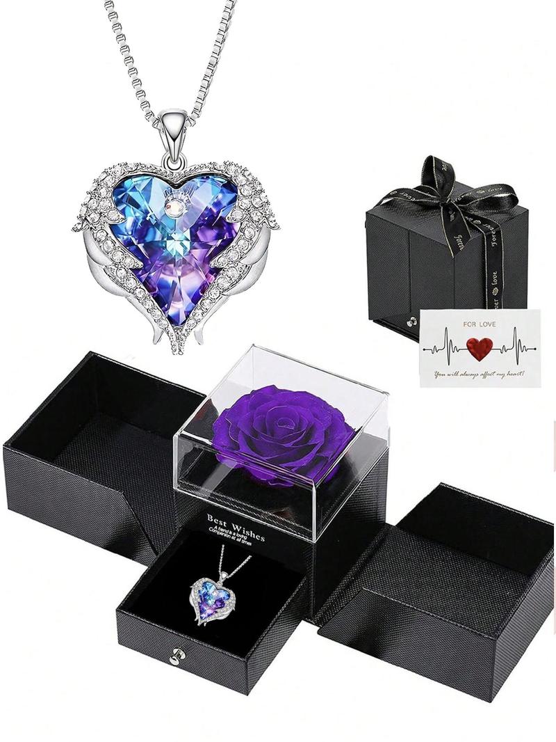 Valentine's Day Women's Artificial Gemstone & Rhinestone Decor Pendant Necklace with Rose Gift Box, Fashionable Heart Shaped Necklace for Women & Girls, Suitable As Gift, Jewelry, Mother's Day Gifts, Gift Set for Mothers, Gifts for Her