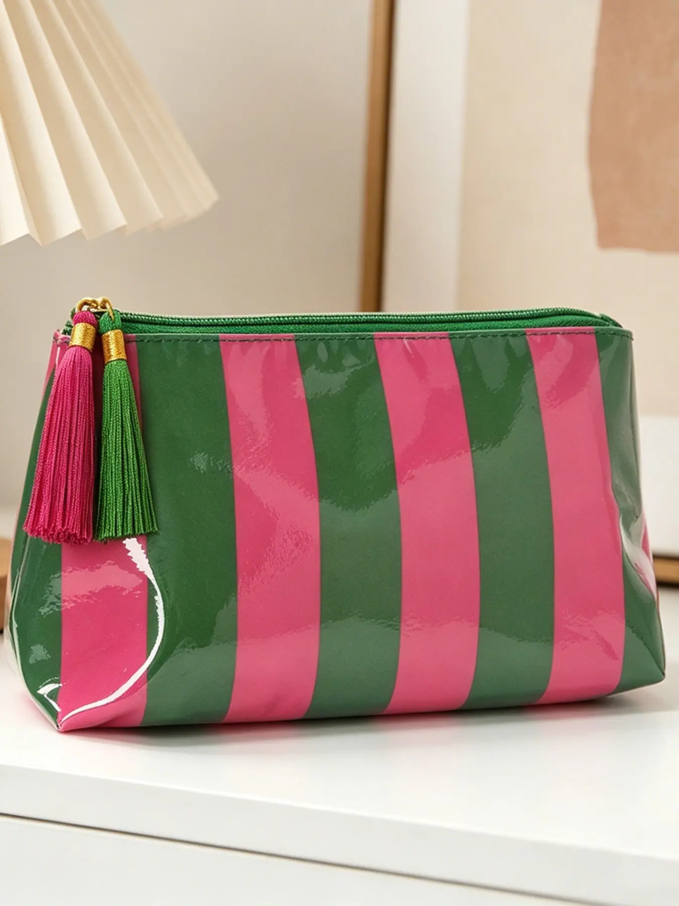 2026 New PVC Striped Makeup Bag, Fringe Zipper Cosmetic Organizer, Waterproof Travel Washbag, Stylish and Functional Design, Makeup Pouch, Cosmetic Bags