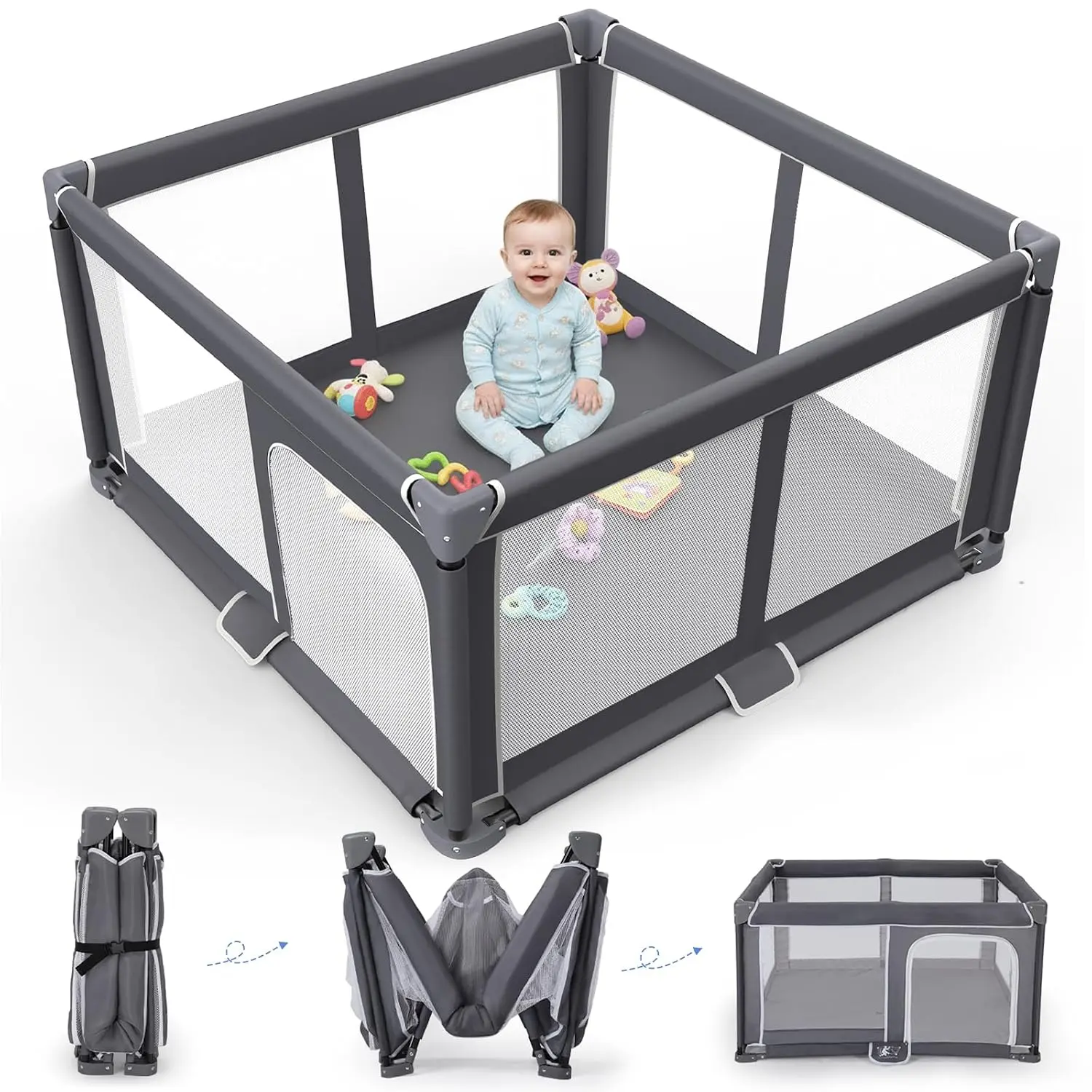 Foldable Baby Playpen Portable Travel Play Yard, Dark Gray |   Safety Play Yard for Babies & Toddlers, Indoor & Outdoor Use, Carry Bag Included, Collapsible, Portable,Sturdy & Secure