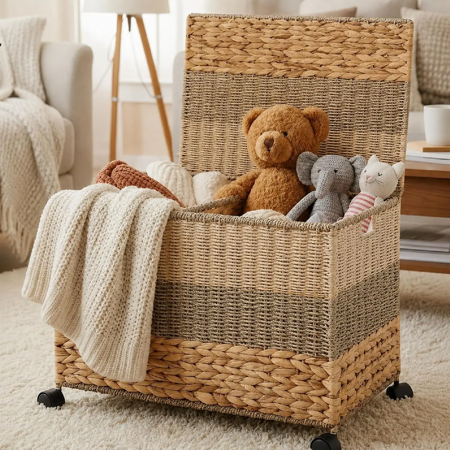 27 Gallon(105 L) Wicker Storage Trunk with Wheels & Lid, Large 23x17.5x16 in Rolling Storage Bench Toy Chest Water Hyacinth Woven Blanket Bin Natural for Bedroom, Living Room and Nursery