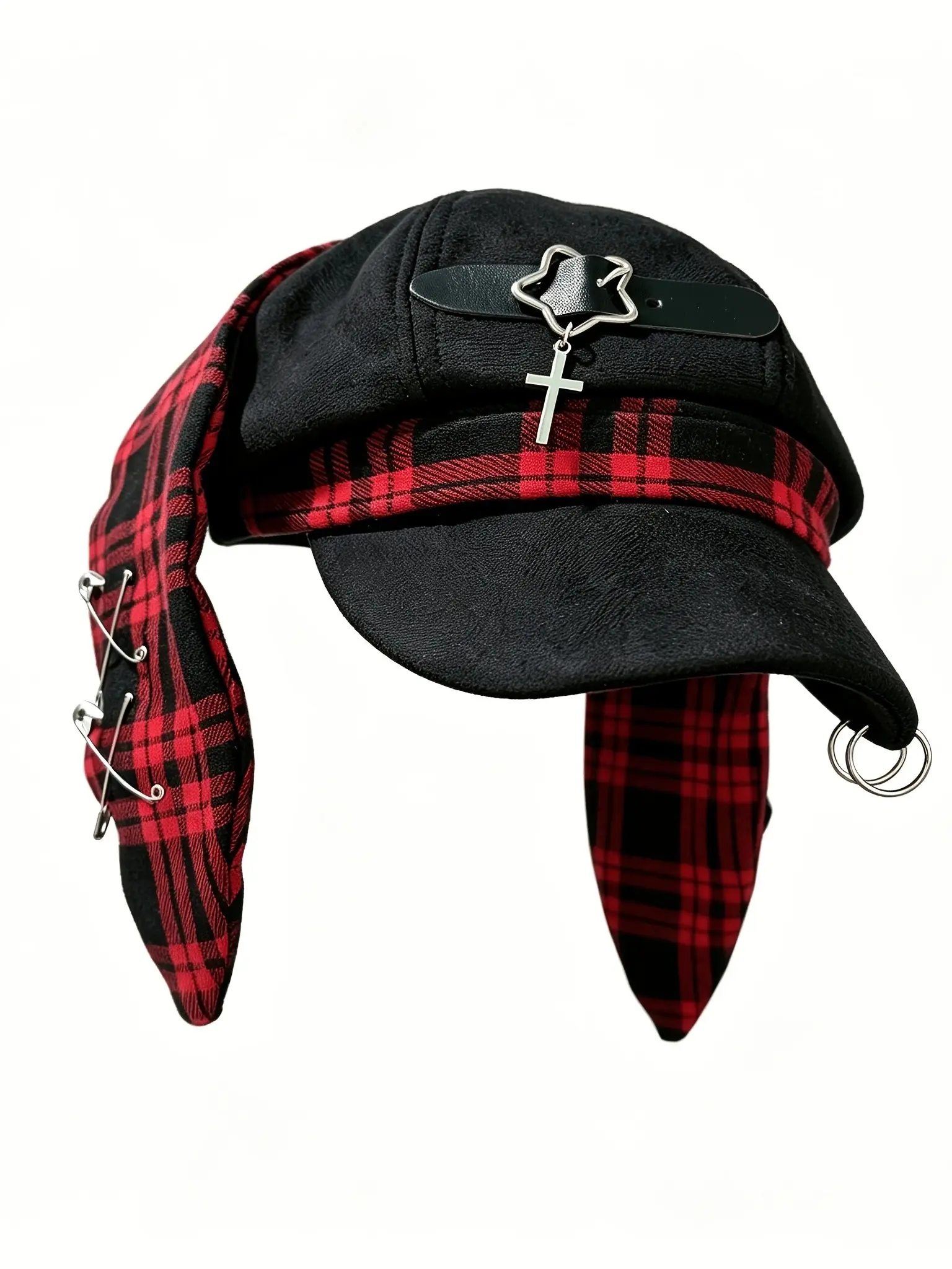Millennial Punk Plaid Bunny Ear Newsboy Hat, Gothic Cross Star Safety Pin Metal Ring Beret, Dark Soft Aesthetic Streetwear Hat
