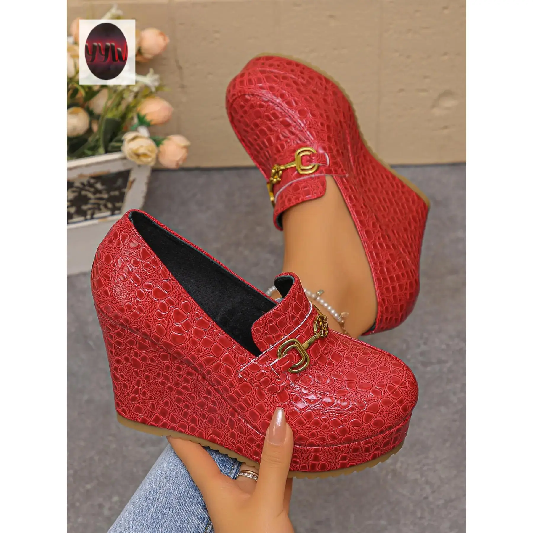 YYW1 Women's Retro Plain PU Leather Wedge Heeled Loafers - Thick Sole Platform Low-Top Single Shoes, Daily Wear All-Seasons Fashion Footwear