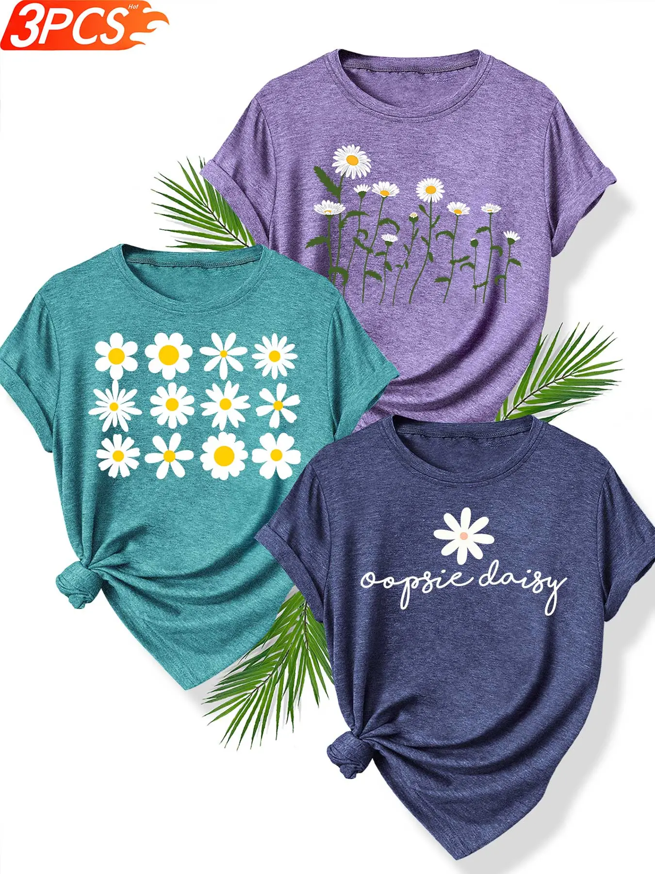 3Pcs Plus Size Women Crew Neck T-Shirt, Multi-row Daisy Playful English Fresh Print, Multi-color Washable Spring Summer Top, Soft Skin-friendly Fabric Daily Versatile Fashion Design