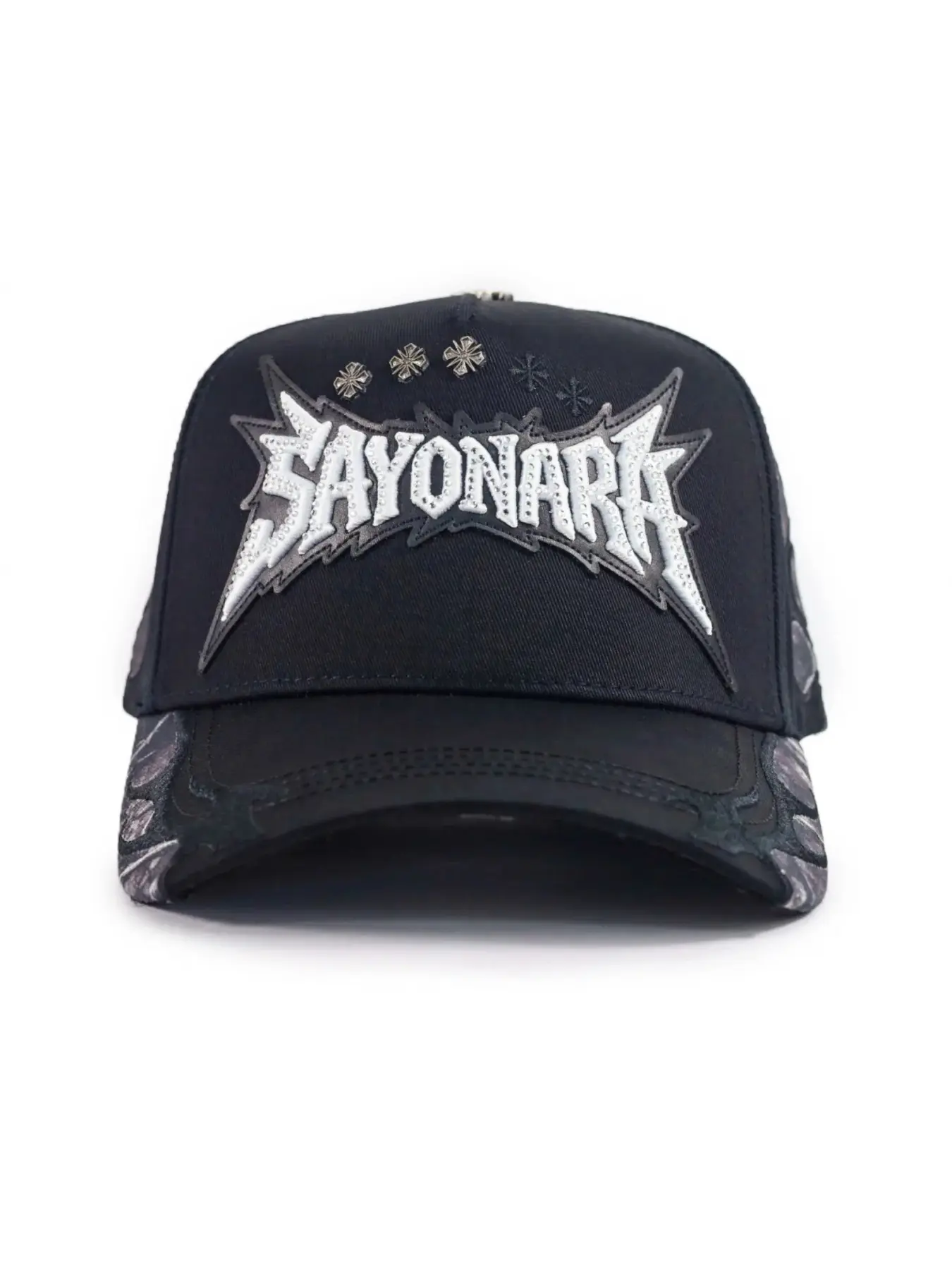 collaboration: black baseball cap with flat brim, heavy metal style