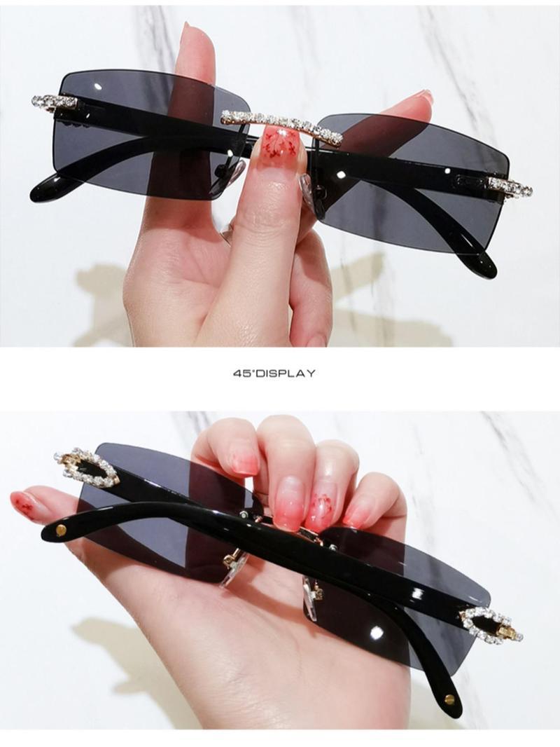 Rhinestone Decorated Rimless Sunglasses, Women Trendy Rectangle Frameless Shades, Sparkly Fashion Eyewear Accessories for Daily Casual & Outdoor Wear