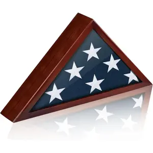 5' x 9.5' Burial Funeral Flag Display Case Red Wood Memorial Flag Shadow Box with Glass Cover and Wall Mounted for Military Veterans