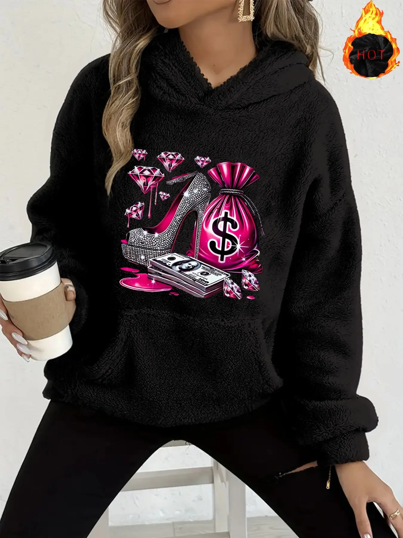 Y2K Flannel Hoodie with Rhinestones, Cartoon Print, Loose-Fit, Warm and Cozy, Fashionable Fall Winter Top, Perfect for Casual
