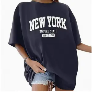 Plus Size T Shirt Women Round Neck Short Sleeve New York Letter Print Mid Length Loose Top For Daily Casual Wear Crewneck Fabric Fit Fashion Graphic Soft Style