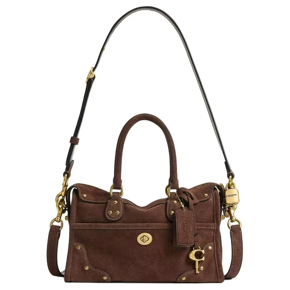COACH Rhyder 24 Crossbody Handbag for Women with Rivet Gold Lock, Suede Leather, Medium Size, Brown