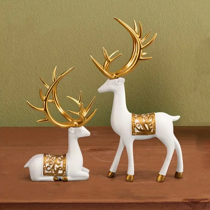 2Pcs Golden Reindeer Resin Statues Lucky Elk Figurines Christmas Decor Modern Ornament for Desk Living Room Bedroom Holiday Gift