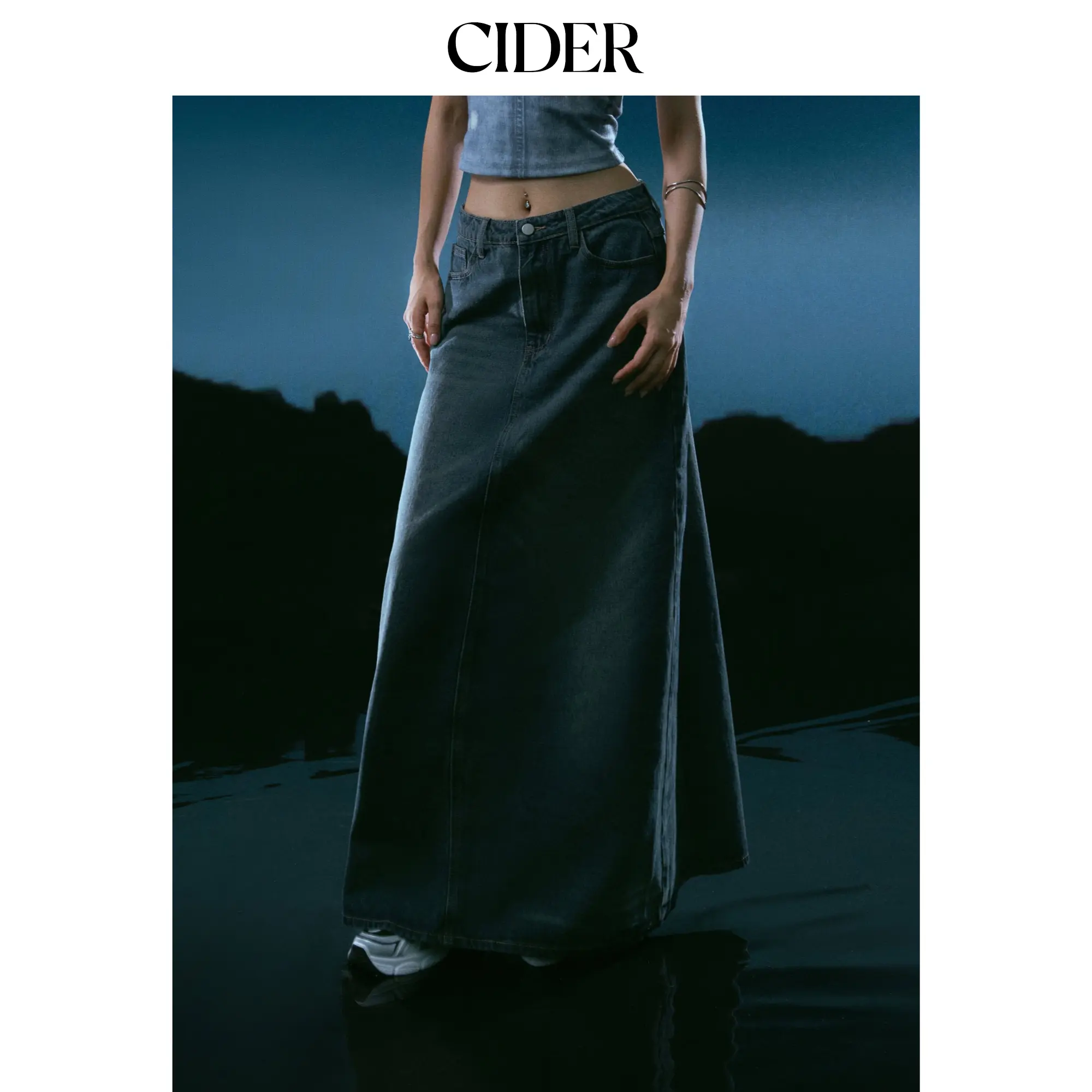 Cider Denim Mid Waist Solid Pocket Maxi Skirt Cider Denim Mid Waist Solid Pocket Maxi Skirt